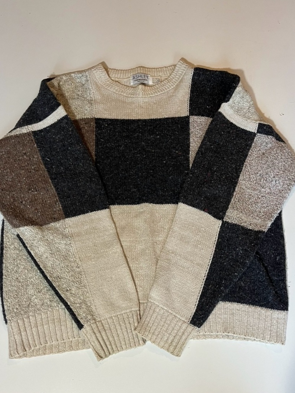 Ashley Knit | 90s Vintage Knit Grandpa Colorblock Patchwork Crewneck Sweater
